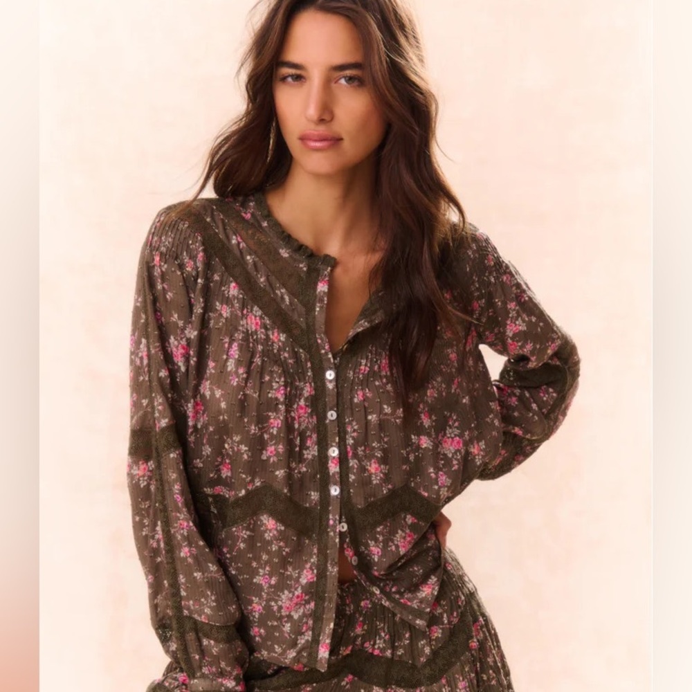 LOVE SHACK FANCY Floral Button-Up Blouse in Bancha Green. NEW WITH TAGS